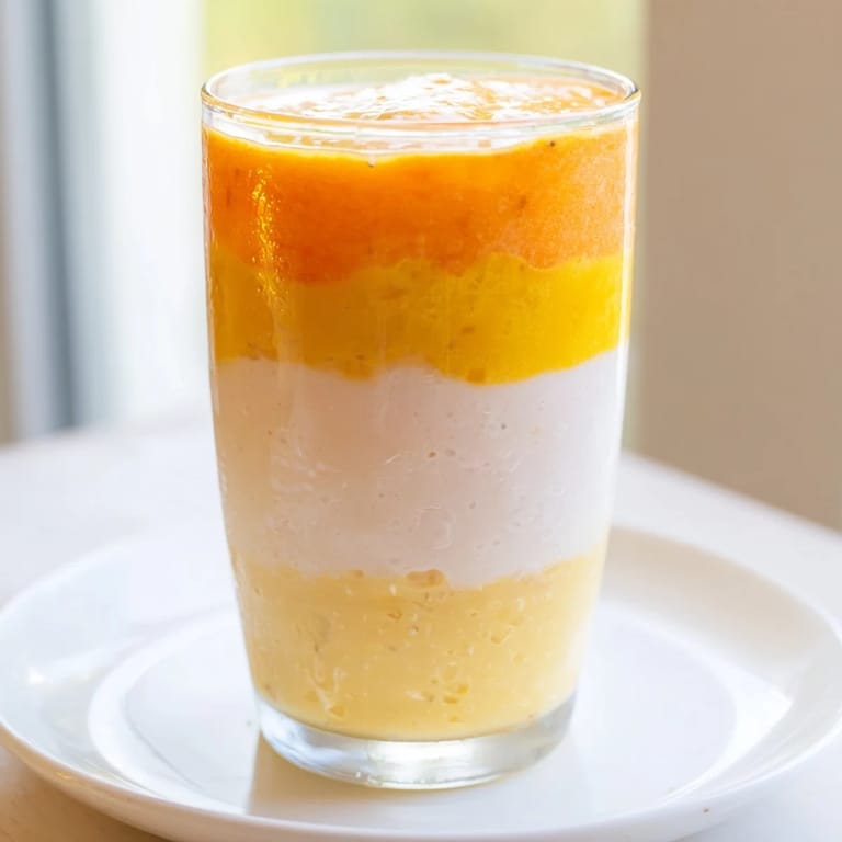 Cool and layered, this Tropical Sunset Smoothie features beautiful ombré colors and creamy textures.