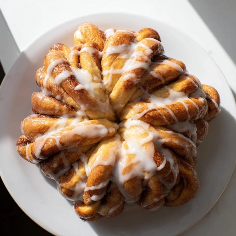 Enjoy the sweet aroma; a close-up shows this cinnamon roll snowflake with swirls of cinnamon sugar.