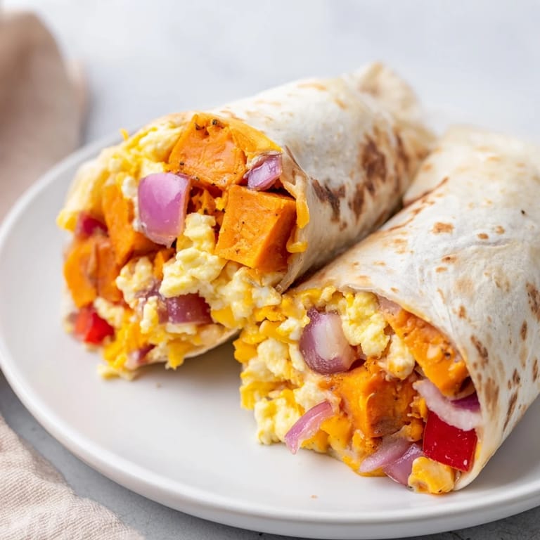 Warm, cheesy sweet potato breakfast burritos are displayed, ready to eat with a side of salsa.