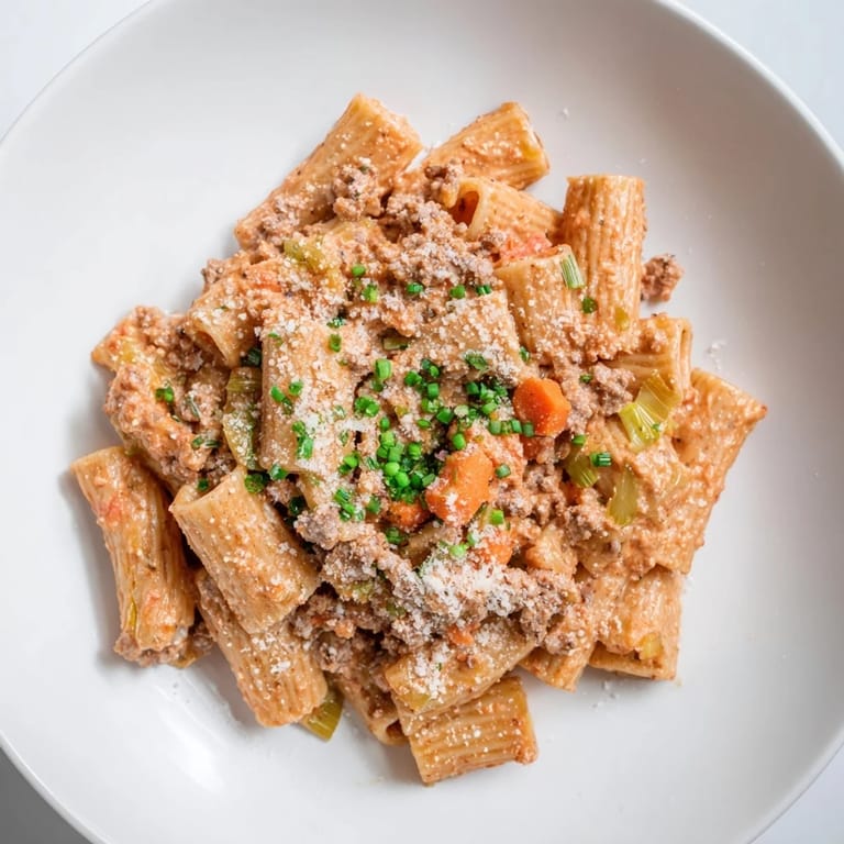 Close-up of bubbling Chaos Cooking Kimchi Ragu Pasta, illustrating flavors of kimchi and ground meat.