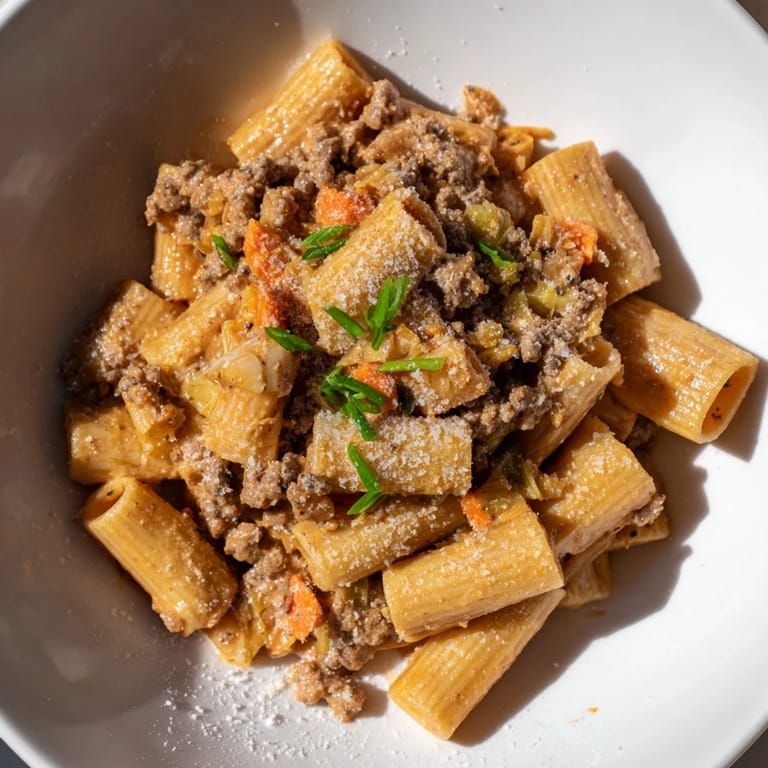 Savory and spicy Chaos Cooking Kimchi Ragu Pasta, topped with fresh scallion garnish and cheese.