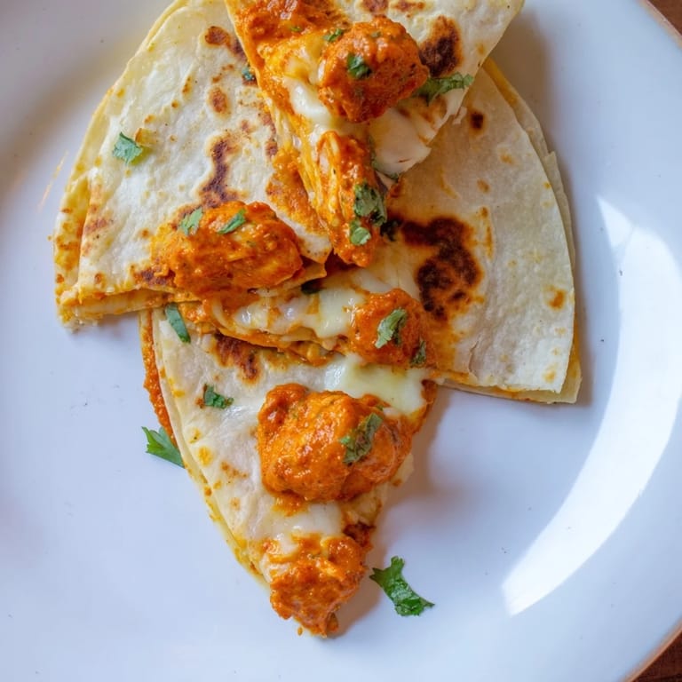 A close-up of buttery, spiced Butter Chicken Quesadillas, with melted cheese oozing out.