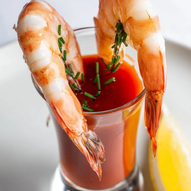 Zesty homemade cocktail sauce tops fresh prawns in stylish Retro Prawn Cocktail Shooters, ready to eat.