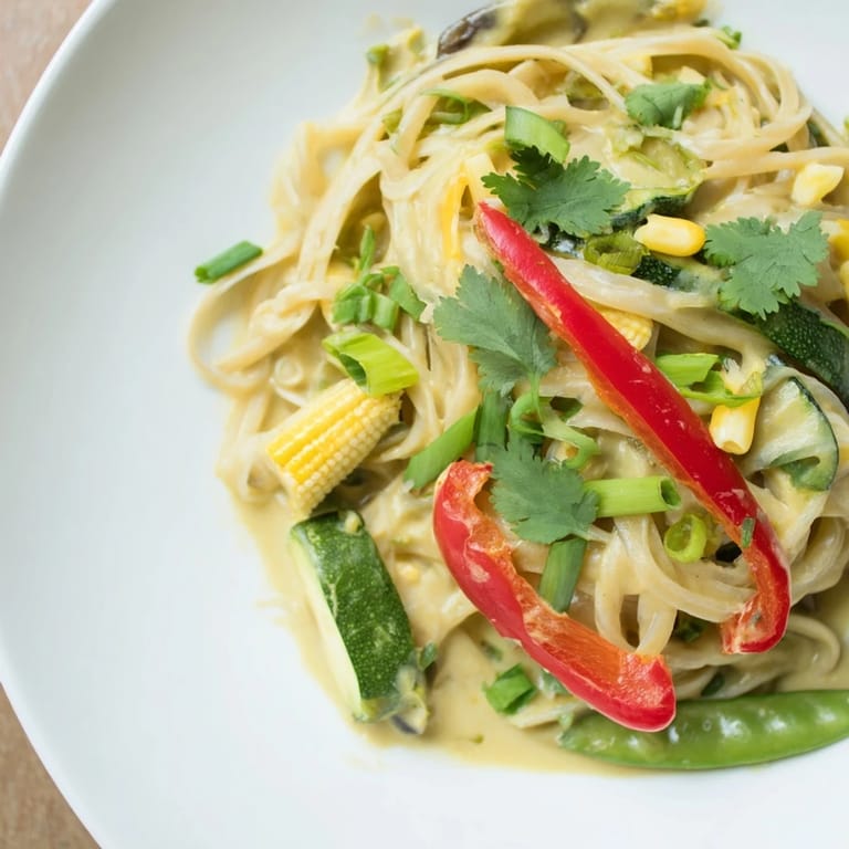 Enjoy a vibrant plate of Thai Curry Pasta with tender noodles, fresh cilantro garnishing the rich sauce.