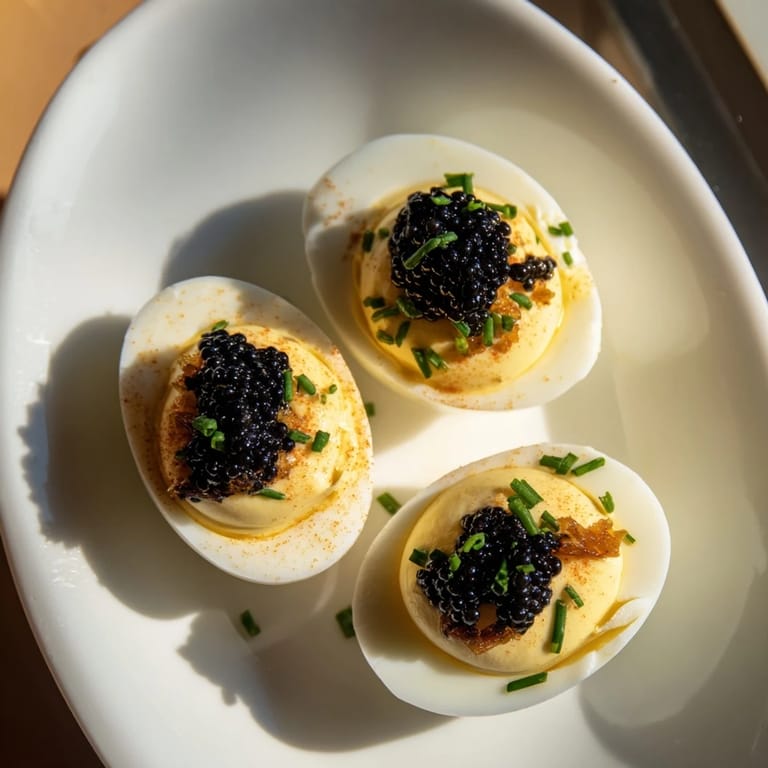 Gourmet deviled eggs with vibrant caviar and fried shallots, ideal for a refined party snack.