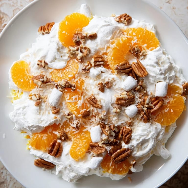 Close-up shot shows a refreshing, layered Elevated Ambrosia Salad, perfect for a summertime gathering or special treat.