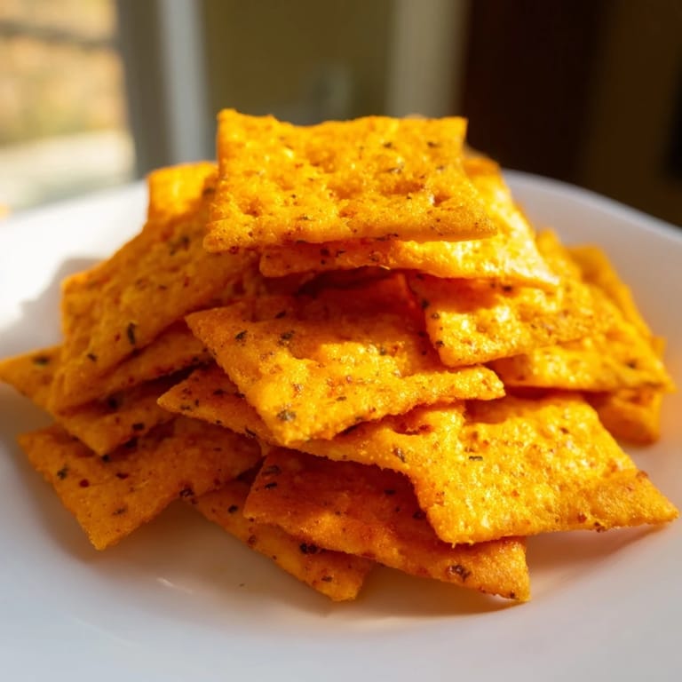 A close-up of golden Crispy Cheeto Cheese Crackers served with a creamy dip for snacking.  
