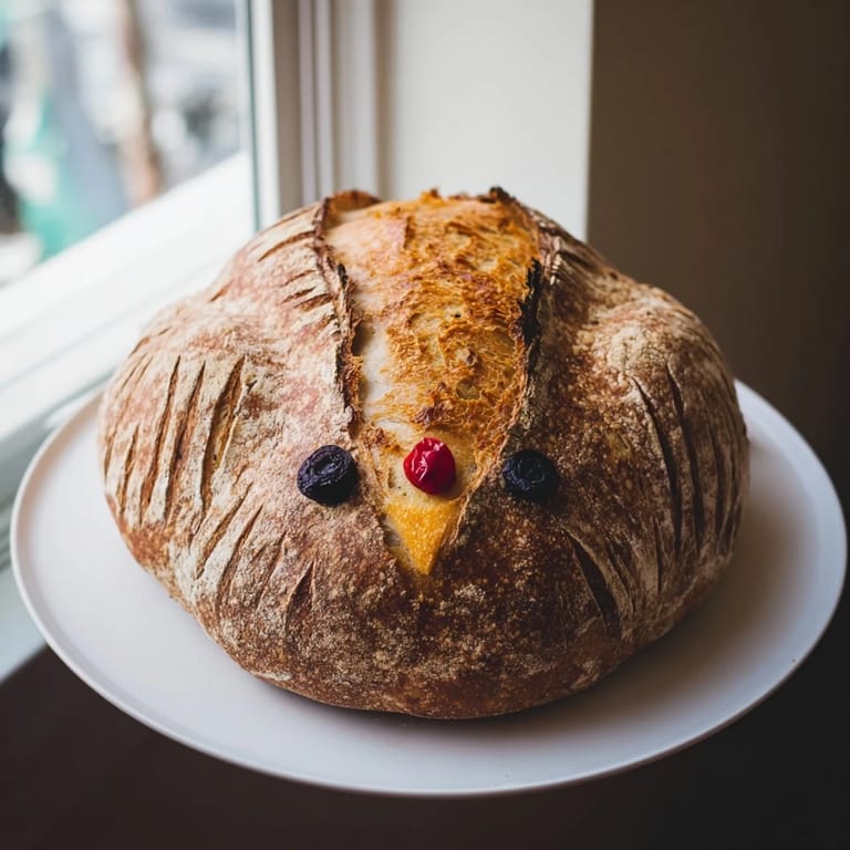 Festive turkey sourdough bread displayed on a wooden board, its soft, tangy interior peeking out from the crusty exterior, perfect for a Thanksgiving feast.