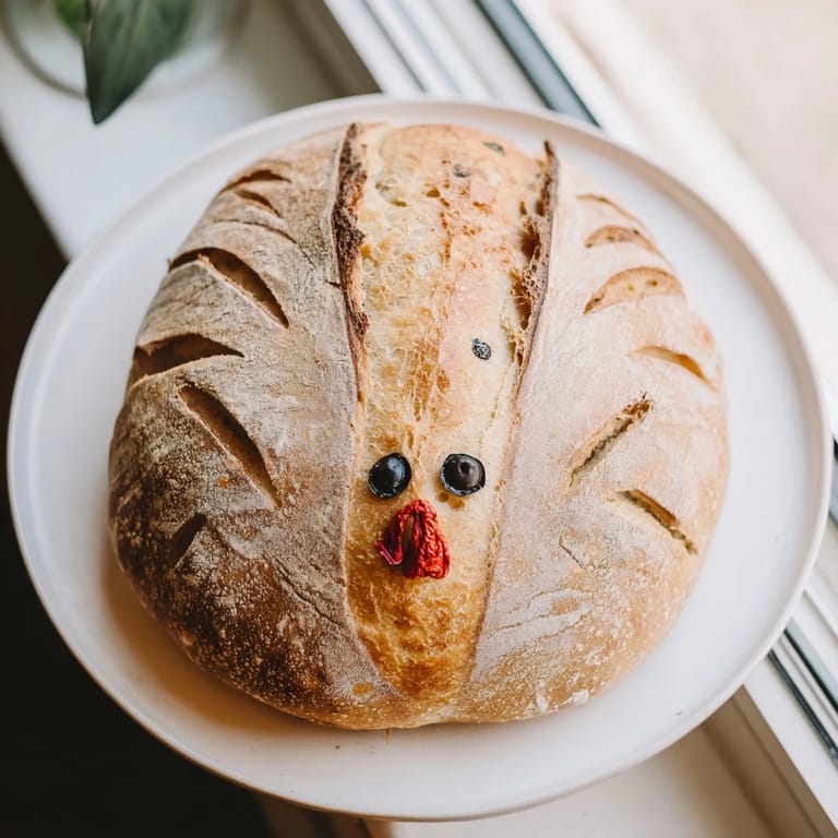 Overhead shot showcasing the intricate scoring of turkey feather patterns on a rustic sourdough centerpiece, with a red pepper wattle and olive eyes.