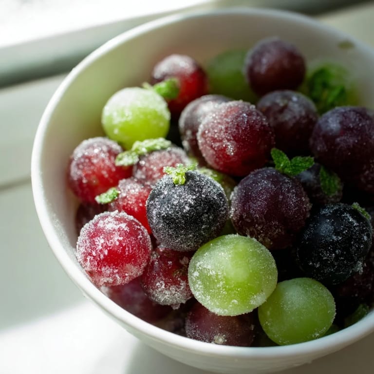 A close-up of frozen grapes spa treat glistening with frost, perfect for a refreshing snack on a warm day.