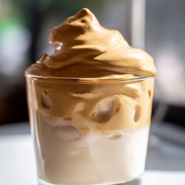 A tall glass of creamy Dalgona coffee with a light, caramel-colored foam layered over iced milk.