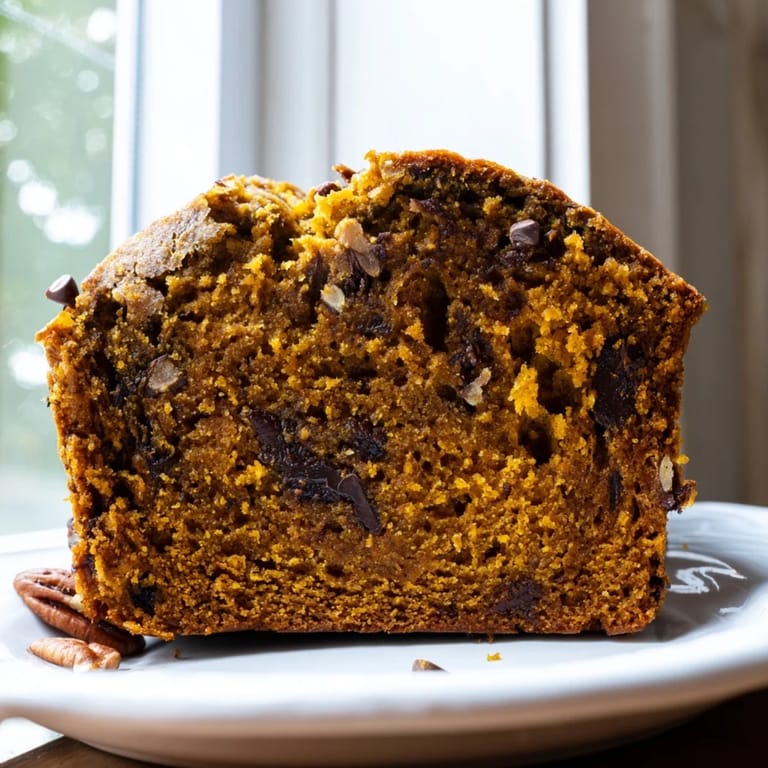 Slices of warm pumpkin bread are served on a white plate, one slice smeared with creamy butter, showcasing the rich, spiced interior.