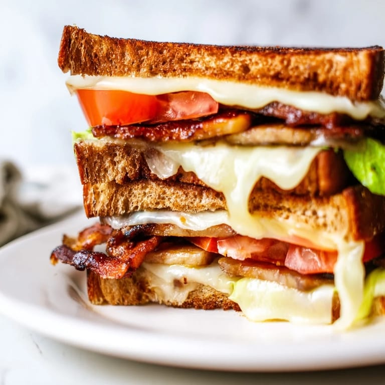 Close-up of a vegan BLT grilled cheese, featuring smoky tempeh strips, ripe tomato slices, and crisp lettuce.