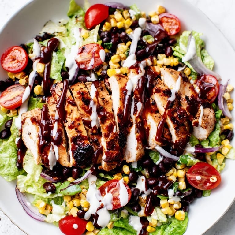 Hearty American BBQ Chicken Salad features charred corn, black beans, and avocado slices under tangy ranch.