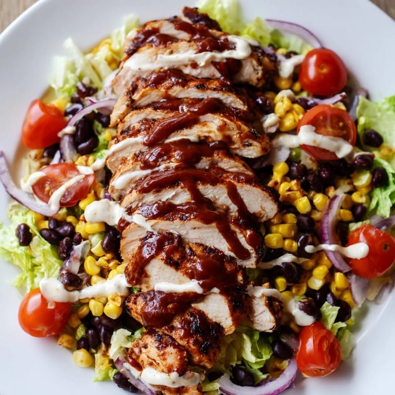 Sliced smoky BBQ chicken rests on fresh romaine with corn, black beans, and tomatoes in ranch.