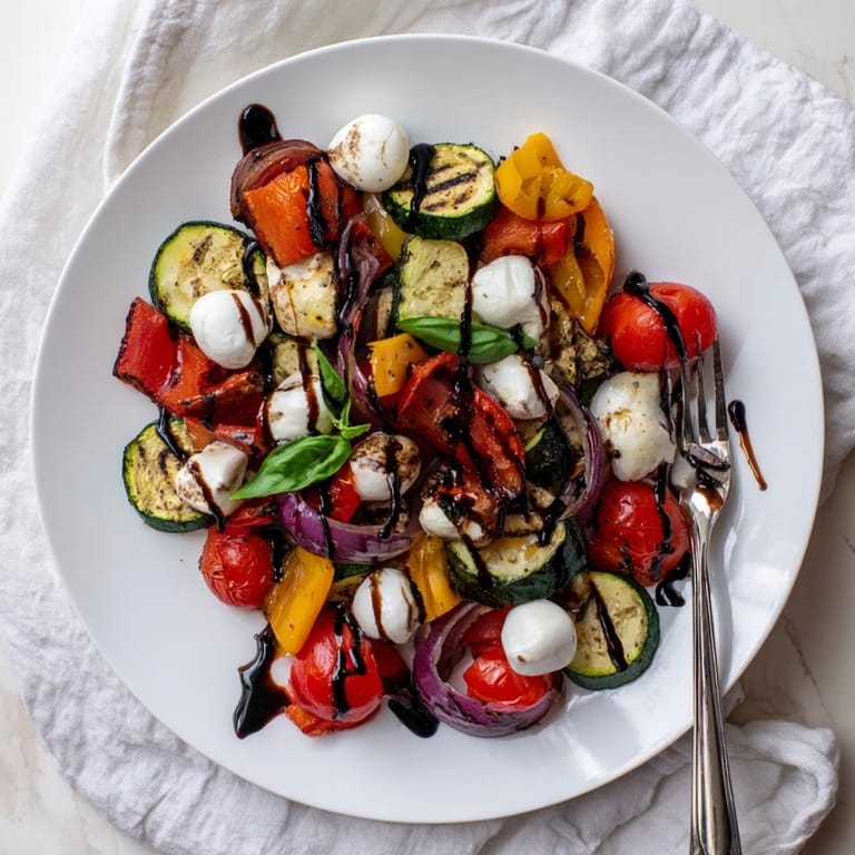 A close-up of caramelized zucchini, bell peppers, and cherry tomatoes with fresh basil on this Italian-inspired Roasted Veggie Caprese Salad.