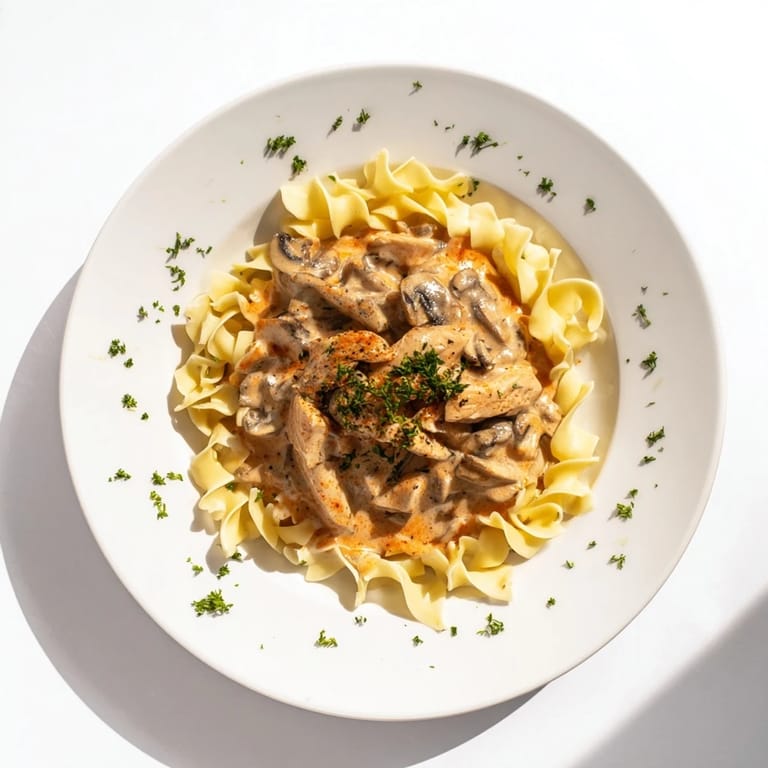 A rustic skillet of homemade Chicken and Mushroom Stroganoff, garnished with fresh parsley, served alongside a crisp green salad for a complete meal.