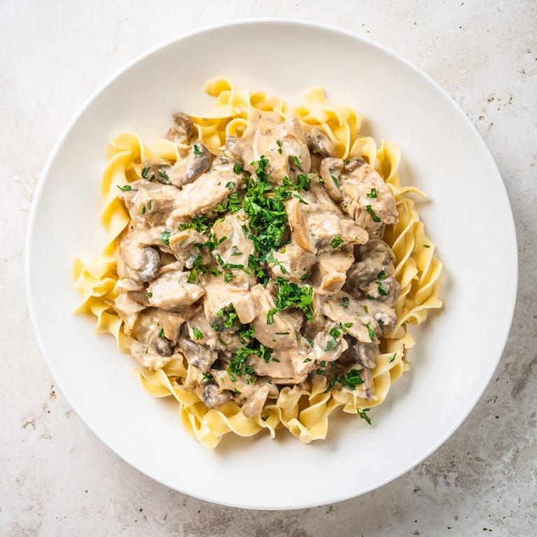 Steam rises from tender egg noodles topped with savory chicken, earthy mushrooms, and rich sour cream sauce, highlighting this classic weeknight main dish.