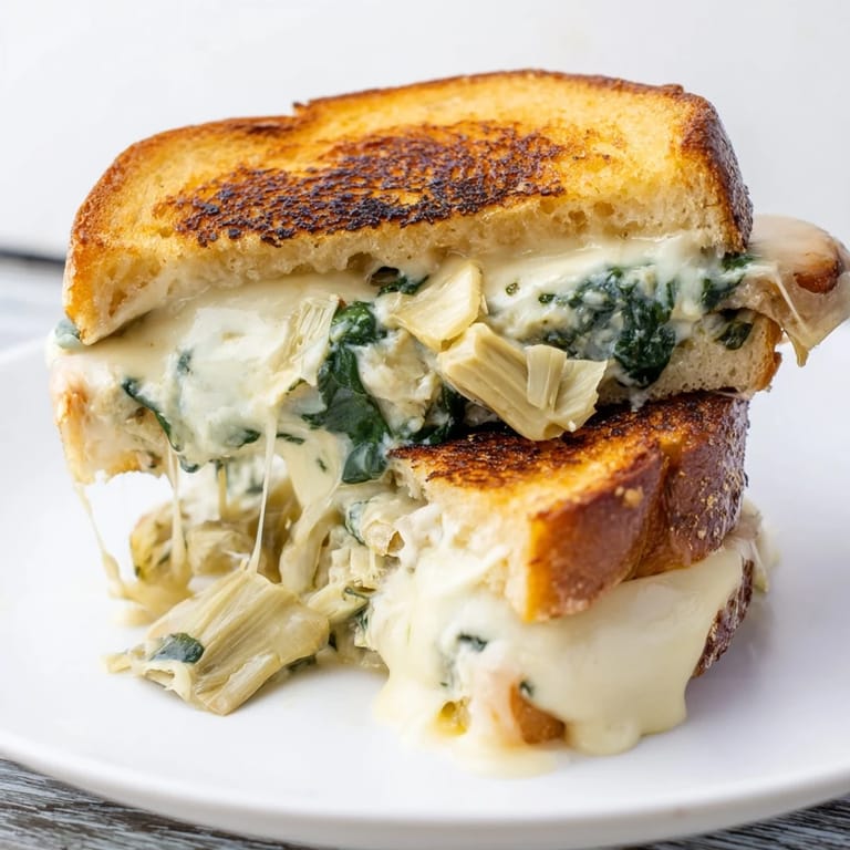 Perfectly grilled Artichoke Spinach Grilled Cheese sandwich melted with mozzarella and Monterey Jack, paired with a green salad for lunch.