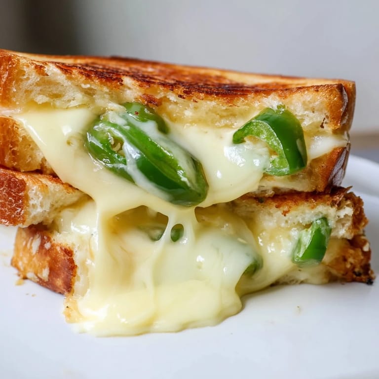 Close-up of jalapeño Havarti grilled cheese, showing melted cheese oozing between crisped sourdough and vibrant green jalapeño slices.