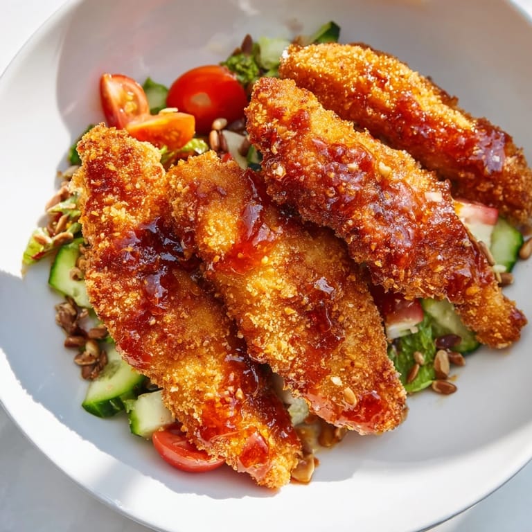 Savory crispy hot honey chicken salad topped with vibrant red onions and a light lemon-Dijon dressing.