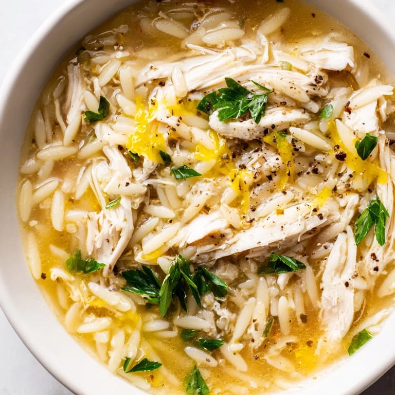 Bright, comforting Lemon Pepper Chicken Orzo Soup served in a rustic mug, garnished with black pepper and fresh parsley.