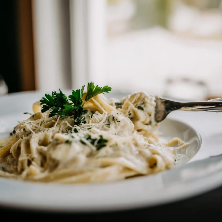 Savory Easy Creamy Cauliflower Alfredo garnished with fresh parsley, served hot with a side of garlic bread.  