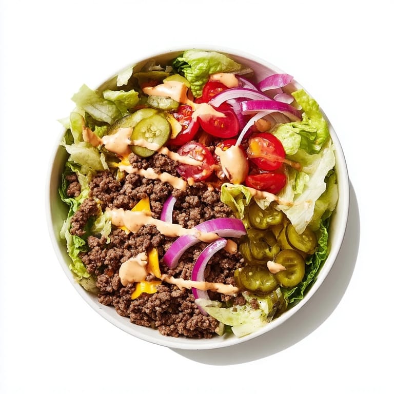 This hearty gluten-free Big Mac bowl features crisp lettuce, cheddar cheese, tomatoes, pickles, and homemade special sauce.  