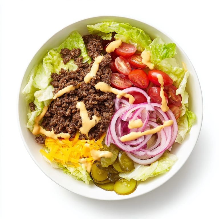 Enjoy the Big Mac in a Bowl recipe, a low-carb meal packed with savory beef and crunchy vegetables.