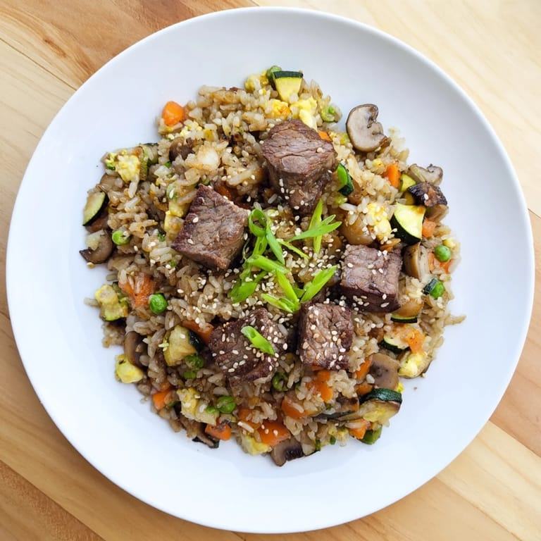 A vibrant, steaming plate of Easy Hibachi Steak With Fried Rice showcases a savory mix of steak, zucchini, and mushrooms, inspired by Japanese hibachi-style cooking.