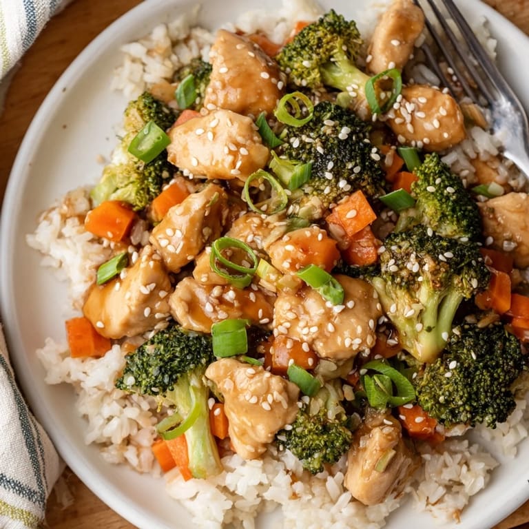 Serving One Pan Honey Garlic Chicken Broccoli Rice topped with sesame seeds and green onions.