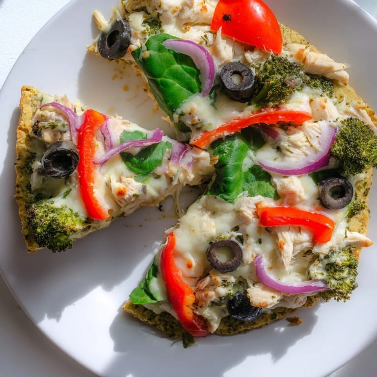 A close-up of a low-carb Broccoli Chicken Crust Pizza slice with red onion, cherry tomatoes, and black olives on a serving board.