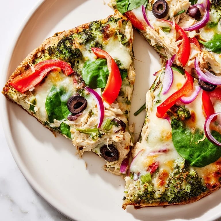 Freshly baked Broccoli Chicken Crust Pizza garnished with basil and chili flakes, served warm for a healthy, gluten-free family dinner.