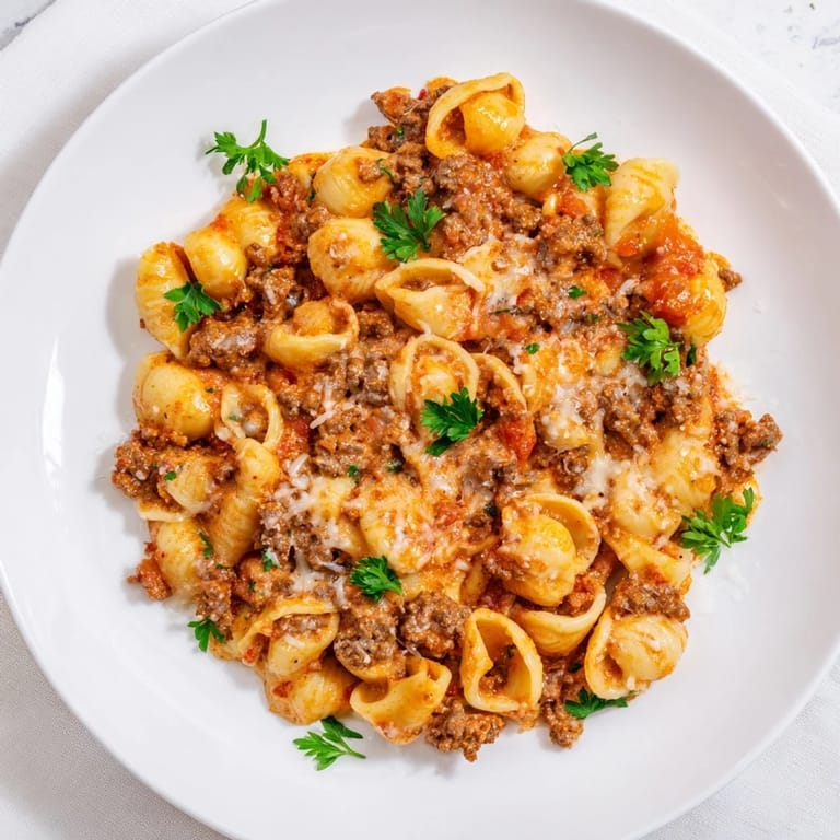 Family-friendly one pot creamy beef and shells pasta served hot, paired with a crisp green salad and crusty bread.
