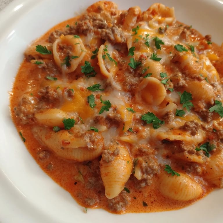 Hearty one pot creamy beef and shells dish steaming in a skillet, showing melted cheddar and Parmesan cheese.