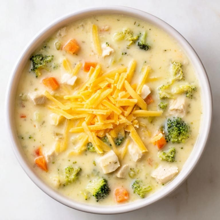 Steaming bowl of creamy Chicken Broccoli Cheddar Soup, served with crusty bread and garnished with fresh herbs.