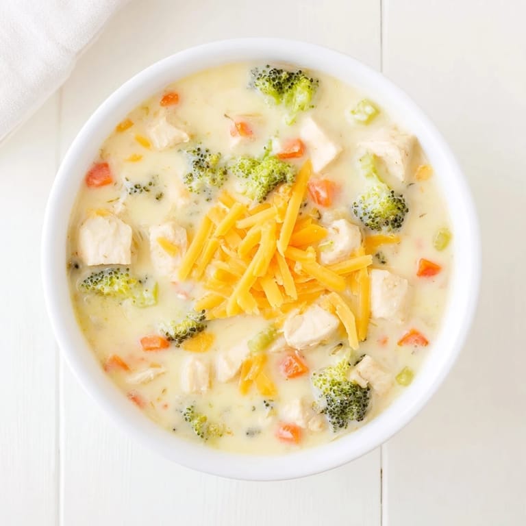 Comforting bowl of rich Chicken Broccoli Cheddar Soup, loaded with colorful vegetables and melted sharp cheddar.
