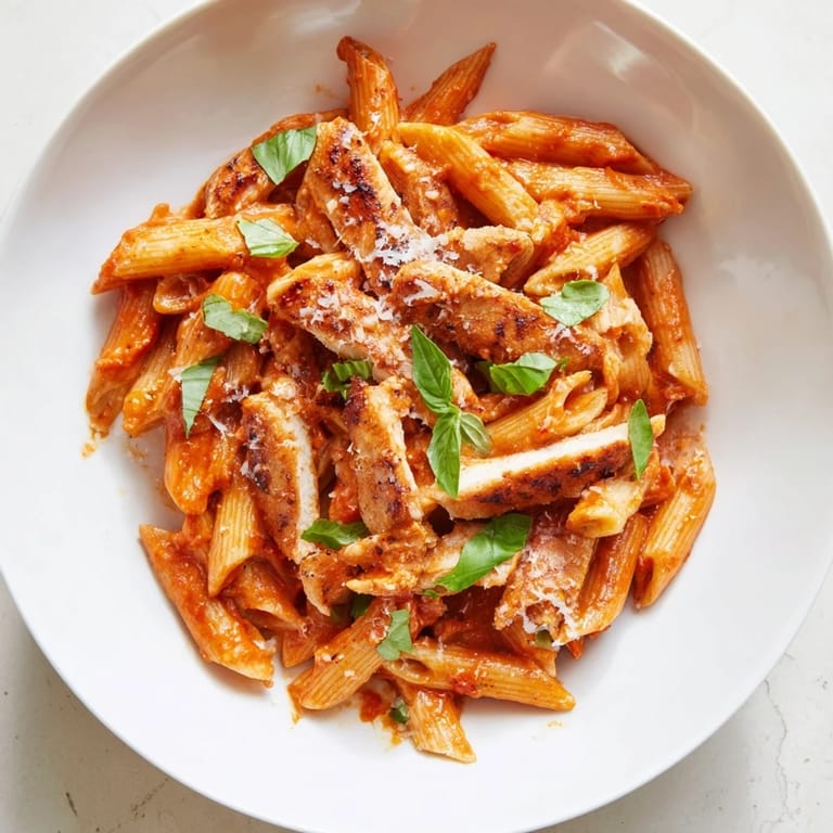 The close-up photo of Spicy Tomato Chicken Pasta highlights the glossy sauce clinging to al dente penne, with juicy chicken strips and a sprinkle of Parmesan cheese.  