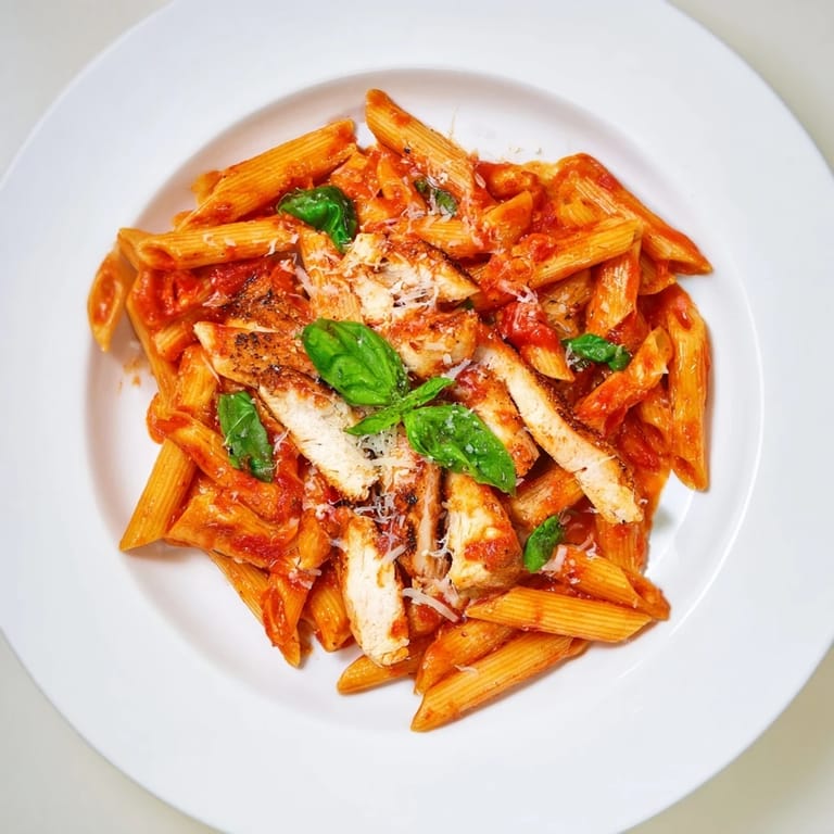 Ready to serve Spicy Tomato Chicken Pasta, an Italian-American main dish featuring tender penne in a zesty tomato-chili sauce with seared chicken, perfect for a quick weeknight dinner.