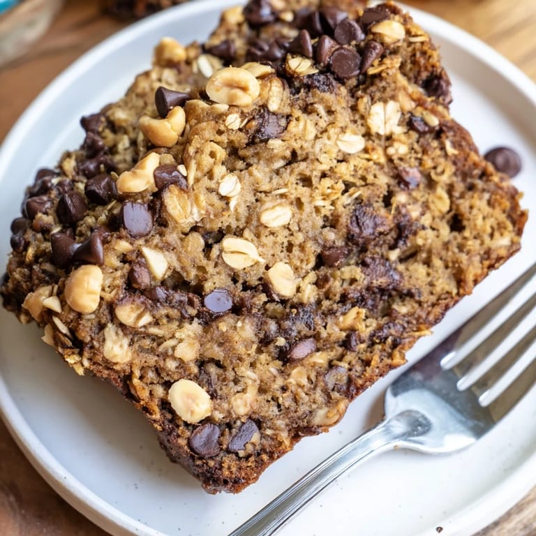 Freshly baked Chocolate Chip Peanut Butter Oatmeal Banana Bread cooling on a wire rack, showcasing a moist crumb and golden-brown crust in a home kitchen.
