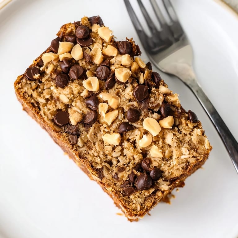 A loaf of Chocolate Chip Peanut Butter Oatmeal Banana Bread with a slice cut out, revealing a rich interior loaded with oats, banana, and chocolate chips.