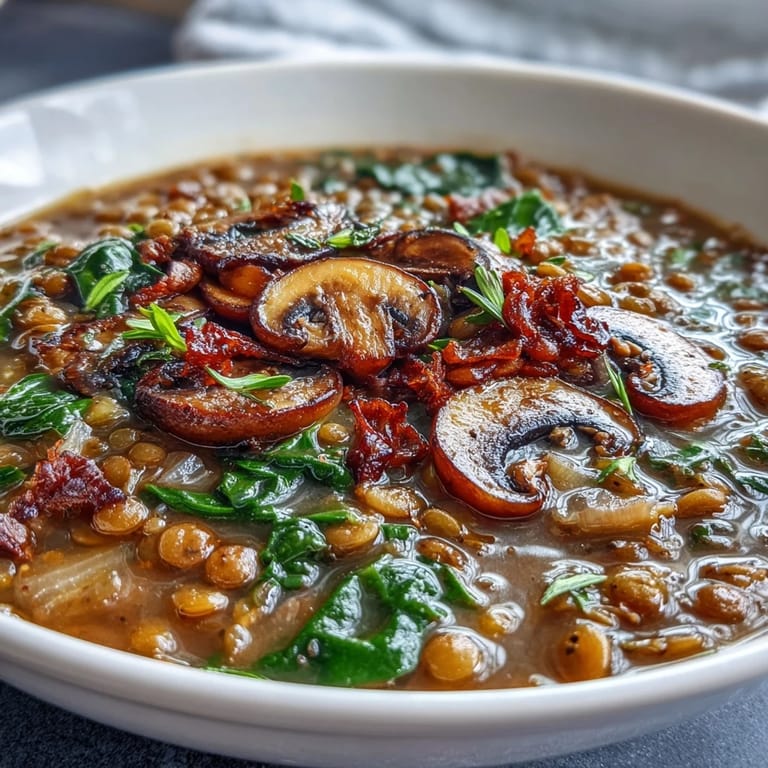 A hearty, nourishing vegan soup featuring red and brown lentils, pearl barley, and fresh collard greens.