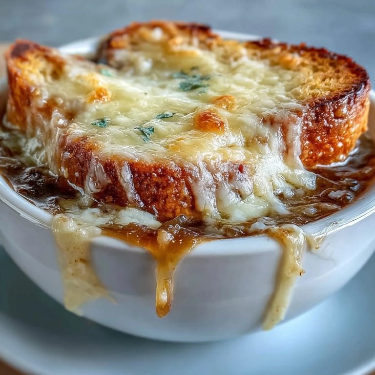 Classic French Onion Soup served steaming hot with a rich, dark broth and melted cheese.
