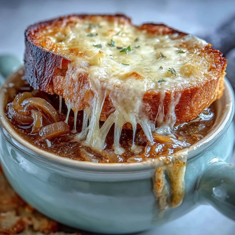 Deeply caramelized onions and thyme create a savory Classic French Onion Soup under bubbly cheese.