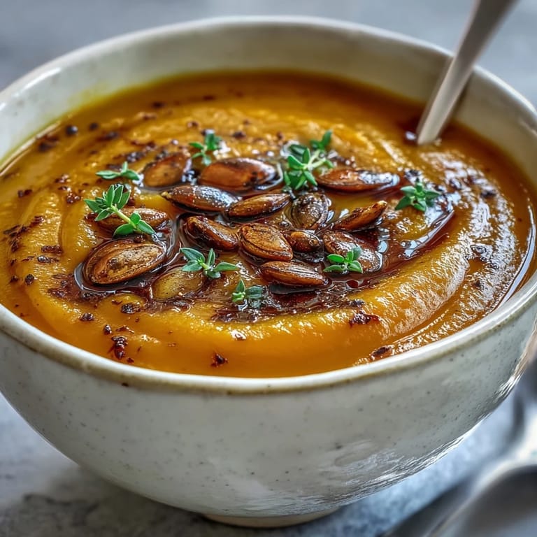 A warm bowl of homemade Butternut Squash Soup, swirled with coconut milk and a drizzle of maple syrup.