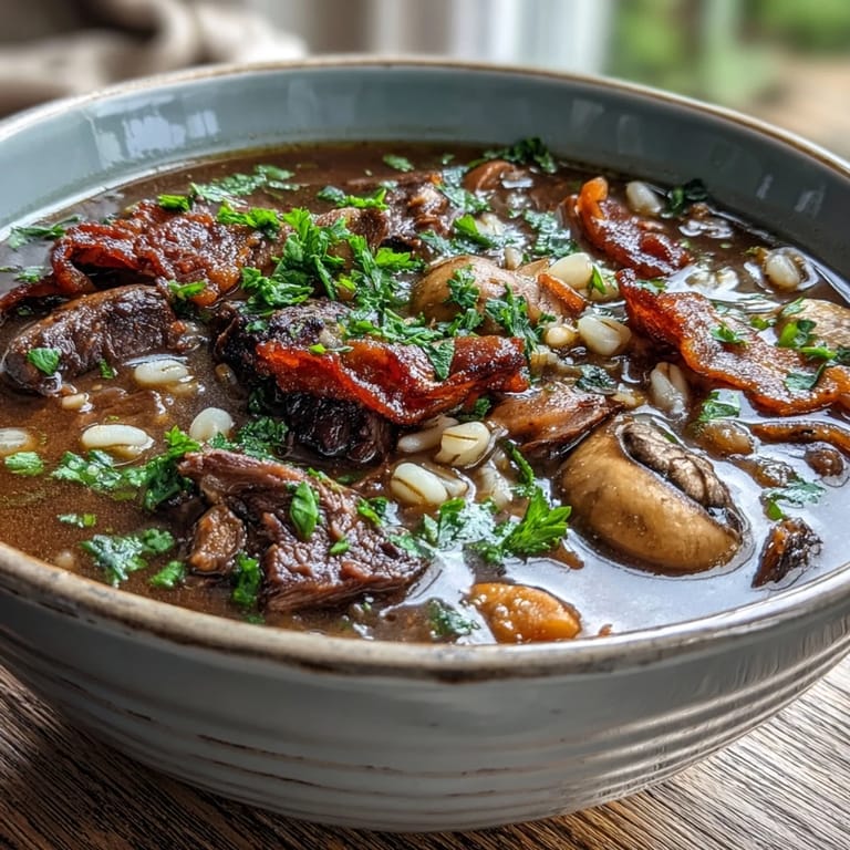 Homemade Beef and Barley Soup with Mushrooms simmering in a rustic pot with rich, dark broth.