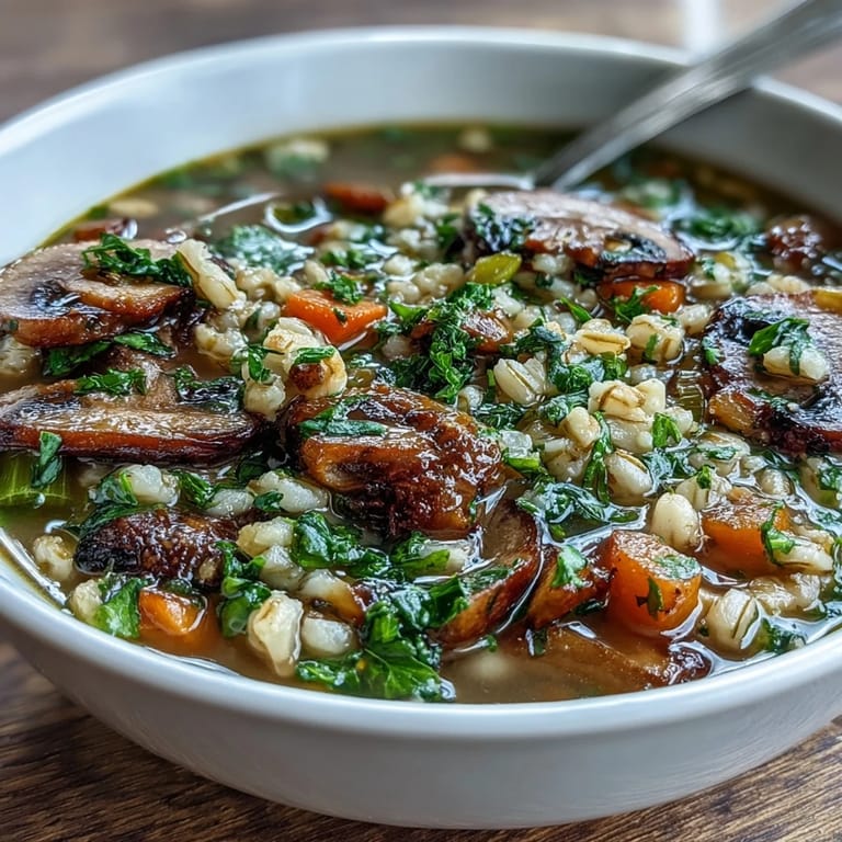 Hearty Mushroom Barley Soup served hot in a soup tureen with a loaf of rye bread, perfect for cozy lunches.