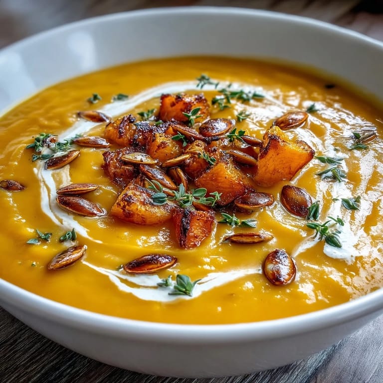 Creamy Roasted Butternut Squash Soup served in a white bowl, drizzled with heavy cream.