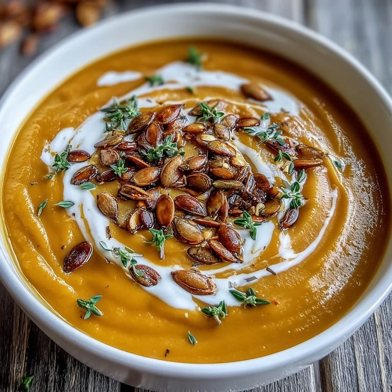 Steaming pot of Roasted Butternut Squash Soup with caramelized squash and carrots ready to serve.