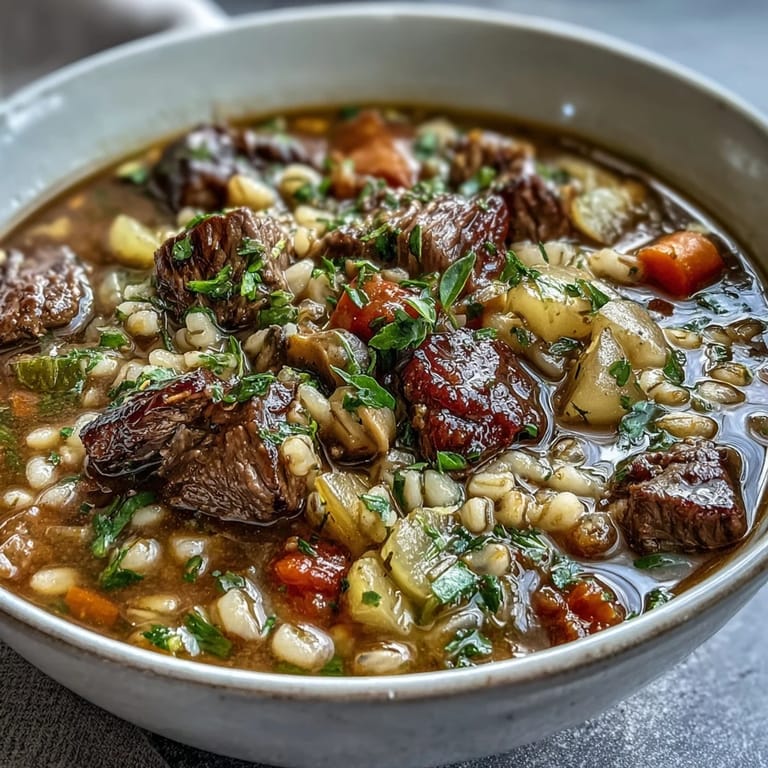 Hearty Beef and Barley Soup served in a Dutch oven, garnished with parsley and peas, next to crusty bread slices.